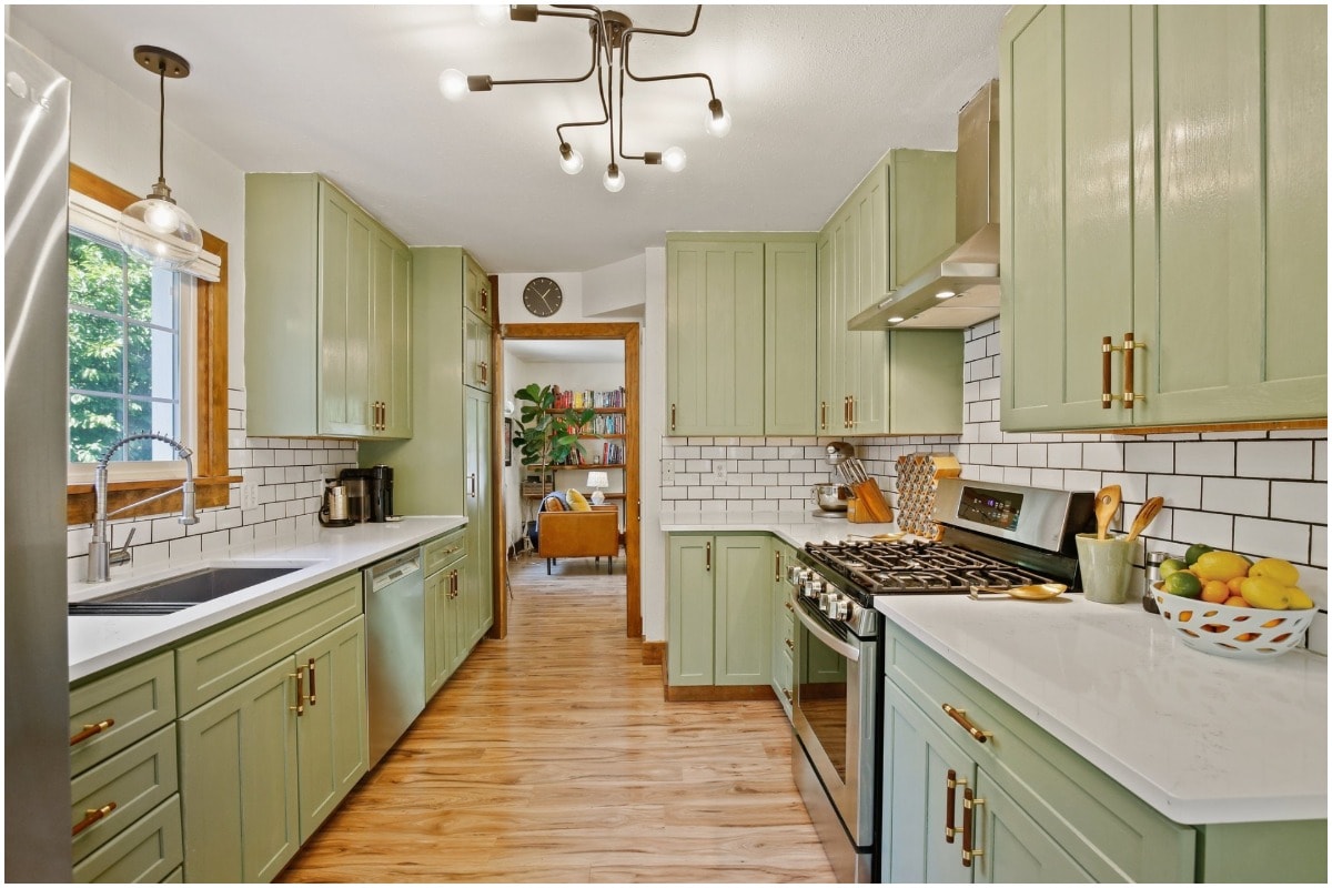 A large green kitchen