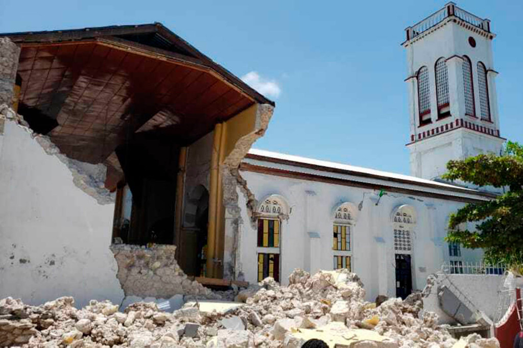 Sacred Heart church is damaged after an earthquake in Les Cayes, Haiti, Saturday, Aug. 14, 2021.