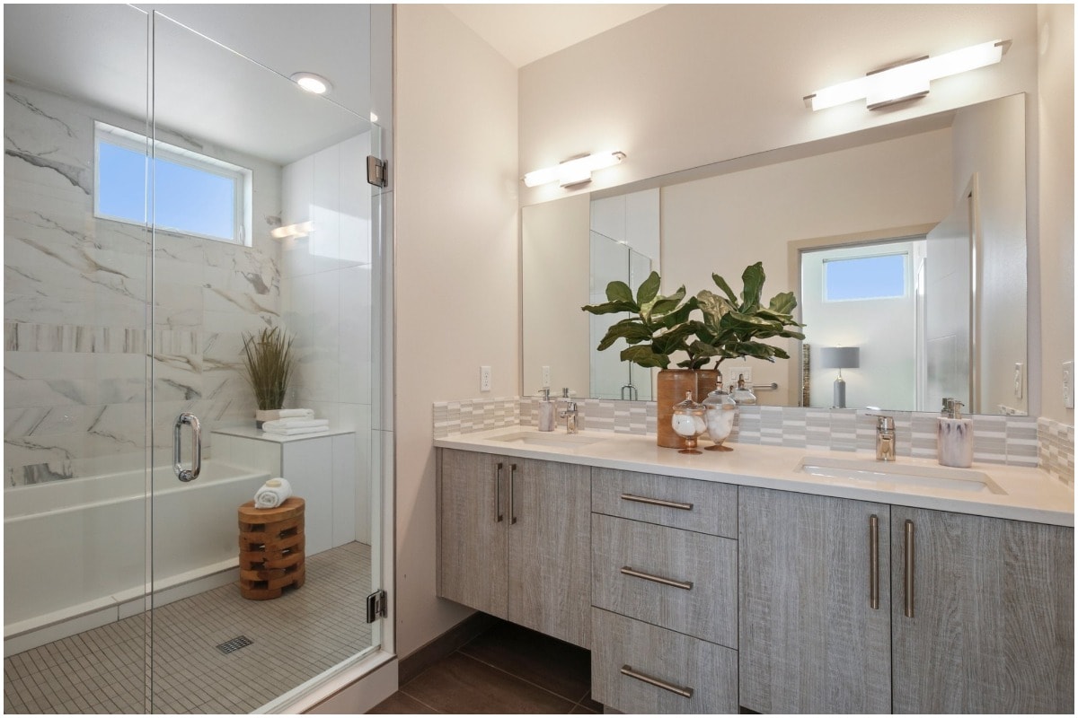 A cozy bathroom with a tub and vanity