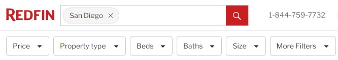 san diego search bar with more filters on redfin